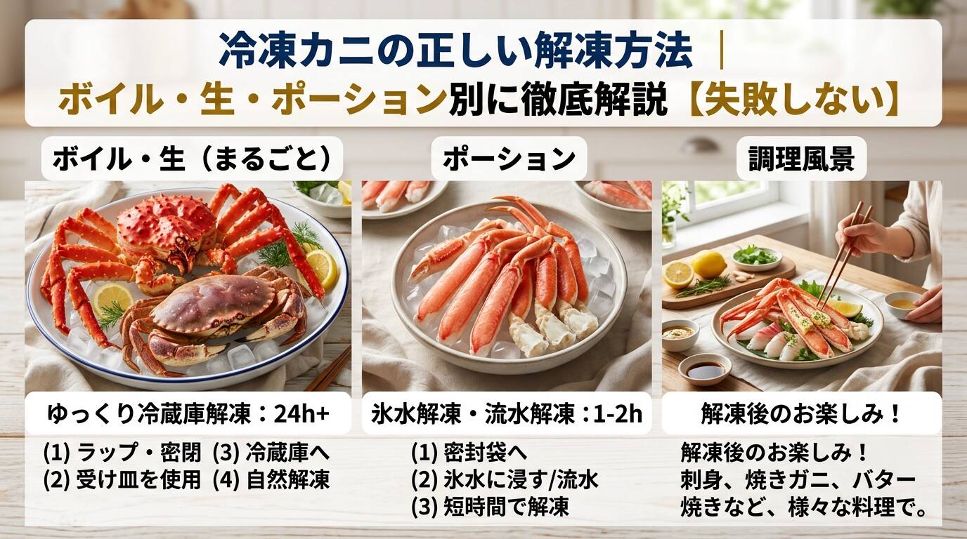 冷凍カニの正しい解凍方法|ボイル・生・ポーション別に徹底解説【失敗しない】